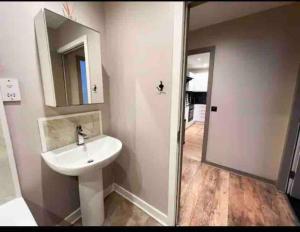 een badkamer met een witte wastafel en een spiegel bij Modern 2bed 2bath in Leith in Edinburgh