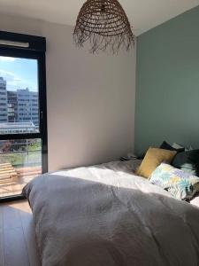 - une chambre avec un lit et une grande fenêtre dans l'établissement Appartement Rouen terrasse + parking, à Rouen