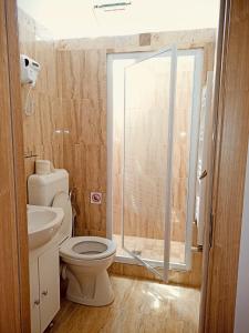 een badkamer met een toilet en een glazen douche bij Casa Wave Sound in Agigea
