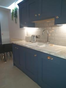 uma cozinha com armários azuis e um lavatório branco em Roe Valley Apartments em Limavady