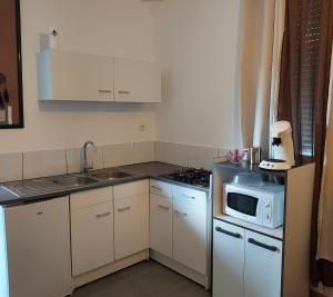 uma pequena cozinha com um micro-ondas e um lavatório em Appartement meublé avec deux chambres em Moulins