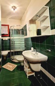 un bagno verde e bianco con lavandino e servizi igienici di Al borghetto di Elena con garage a Vicenza