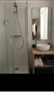 La salle de bains est pourvue d'une douche en verre et d'un lavabo. dans l'établissement Gîte de la bonne étoile, à Geispolsheim