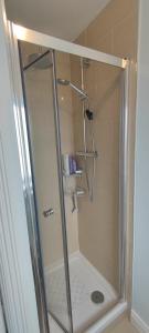 a shower with a glass door in a bathroom at Adaline House Dublin in Dublin