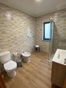 a bathroom with a toilet and a sink and a shower at Apartamentos 4 estações in Faja Grande