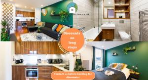 een collage van drie foto's van een woonkamer en een keuken met een bank bij Amazing Flat-Parking available-By FabAccommodation in Cardiff