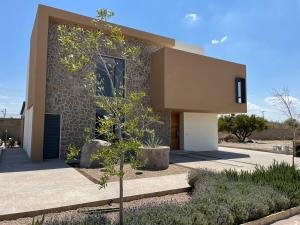 a house in the desert with a tree in front of it at Casa Agave de Piedra San Miguel de Allende in San Miguel de Allende
