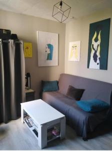 a living room with a couch and a table at Studio moderne, propre et calme in Melun