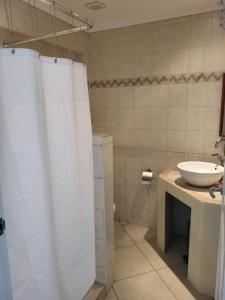 baño con cortina de ducha blanca y lavamanos en Den Laman - Balloonfish, en Kralendijk
