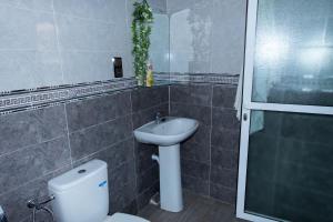 ein Bad mit einem WC, einem Waschbecken und einer Dusche in der Unterkunft Charming apartment with a small garden in Tangier