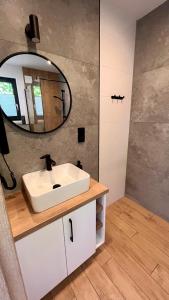 a bathroom with a white sink and a mirror at Szklane Domki Ińsko in Ińsko