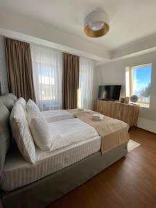 a bedroom with a large bed and a flat screen tv at Nivalis Residence Jahorina in Jahorina