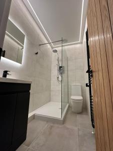 a bathroom with a shower and a toilet and a sink at Glasgow West End Tenement Apartment in Glasgow