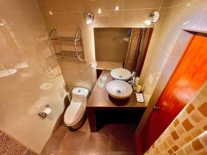 uma casa de banho com um WC, um lavatório e um chuveiro em Apartment em Cusco