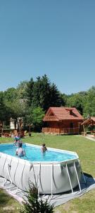 un groupe de personnes nageant dans une piscine dans l'établissement Fruškogorski apartmani, à Čerević