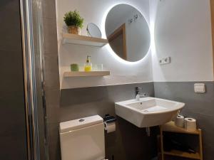 a bathroom with a sink and a toilet and a mirror at Cozy apartment well-located in Terrassa, Barcelona in Terrassa