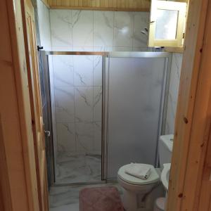 a bathroom with a shower and a toilet at Fidelya Bungalow Evleri in Adrasan