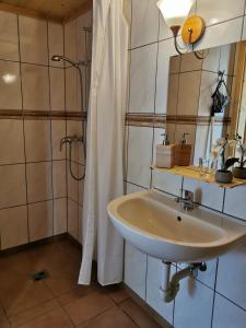 a bathroom with a sink and a shower at Gasthaus Fuchsacker in Degersheim