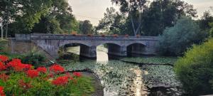 a stone bridge over a river with flowers on it at Le 6 bis avec Jardinet in Guéméné-Penfao