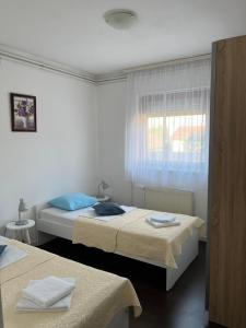 1 dormitorio con 2 camas y ventana en Apartment T&M Zagreb Airport, en Velika Gorica