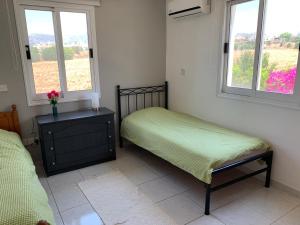 ein Schlafzimmer mit einem Bett, einer Kommode und zwei Fenstern in der Unterkunft Holiday Home Emba in Emba