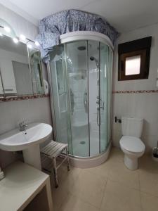 a bathroom with a shower and a toilet and a sink at Apartamento Acogedor in Cicero