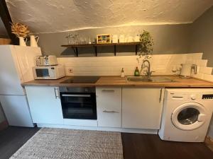 uma cozinha com um lavatório e uma máquina de lavar roupa em The Annexe em Winterbourne
