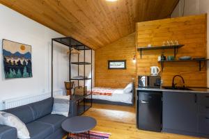 卡兹贝吉Gergeti Trio的带沙发的客厅、厨房和床。