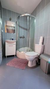 uma casa de banho com um chuveiro, um WC e um lavatório. em Pańska Izba em Chałupy