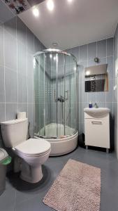 uma casa de banho com um chuveiro, um WC e uma banheira em Pańska Izba em Chałupy