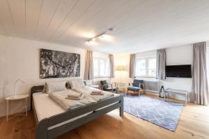 a bedroom with a bed and a living room at Chalet Stanzertal in Strengen