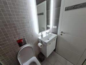 bagno con servizi igienici, lavandino e specchio di My Paradies - Njivice Studio**** a Njivice