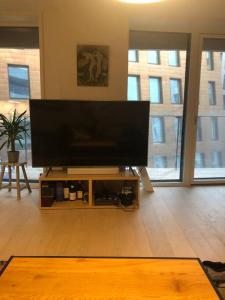 TV de pantalla plana en un stand en la sala de estar en Bjørvika/sjøsiden ved Barcode en Oslo