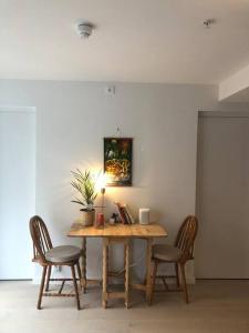 a table with chairs and a plant on top of it at Bjørvika/sjøsiden ved Barcode in Oslo