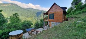 mały drewniany domek na wzgórzu z górami w tle w obiekcie Shato Maxuntseti w mieście K'veda Bzubzu