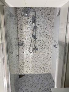 a shower with a glass door in a bathroom at Apartman UNA-Plandište in Bihać