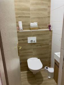 a small bathroom with a toilet and a sink at Apartman UNA-Plandište in Bihać