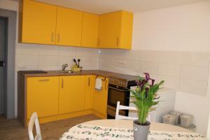 una cucina con armadi gialli e un tavolo con una pianta di Haus Jaeschke Appartement Charlotte a Vetschau