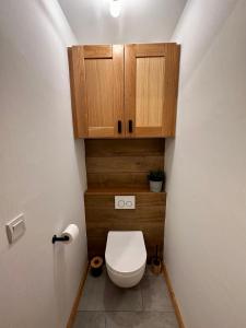 un piccolo bagno con servizi igienici e armadietti in legno di Appartement T2 6 personnes vue sur l’Eyssina a Vars