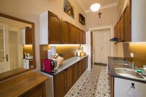 uma cozinha com um lavatório e uma bancada em Apartmán u Bretschneidera em Banská Štiavnica