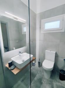 a bathroom with a white toilet and a sink at Coritos holiday apartments in Kontokali
