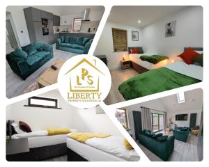 a collage of photos of a living room and bedroom at 7 Guests - 4 Bedroom - Free Wi-Fi - Kettering in Kettering