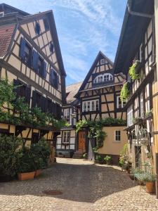 a group of half timbered houses in a street at Ferienwohnung Blumenfeld in Gengenbach