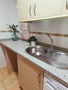 a kitchen with a stainless steel sink and wooden cabinets at PISO VISTA BELLA in Monachil +38 photos
