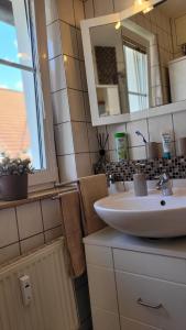 a bathroom with a sink and a mirror at Berlin-Oase - schnuckelige Ferienwohnung an der Grenze zu Berlin in Schönefeld