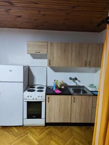 eine Küche mit einem weißen Herd und einer Spüle in der Unterkunft Apartman Alex 7 in Bajina Bašta