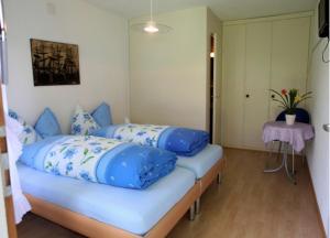 a room with two beds with blue pillows at Hotel Ristorante Schlössli in Lucerne