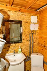 a bathroom with a sink and a toilet and a mirror at domek na Mazurach in Gołdap