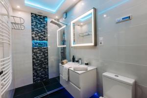 y baño con aseo, lavabo y ducha. en Luxury Smart Apartman JJ en Szeged