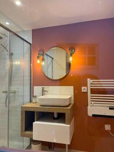 ein Bad mit einem Waschbecken und einem Spiegel in der Unterkunft Clos Théodore - Appartement climatisé avec sauna, petite terrasse et mezzanine in Givry